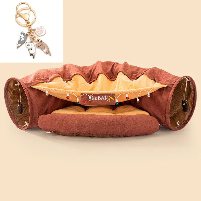 Collapsible washable fabric cat tunnel showing bar, coffee, matcha, and pink colour options