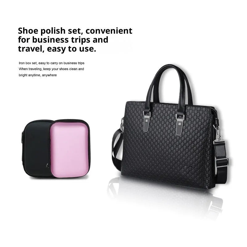 Shoe care maintenance set with leather oil, shoe brush, and cleaning cloth in black bag