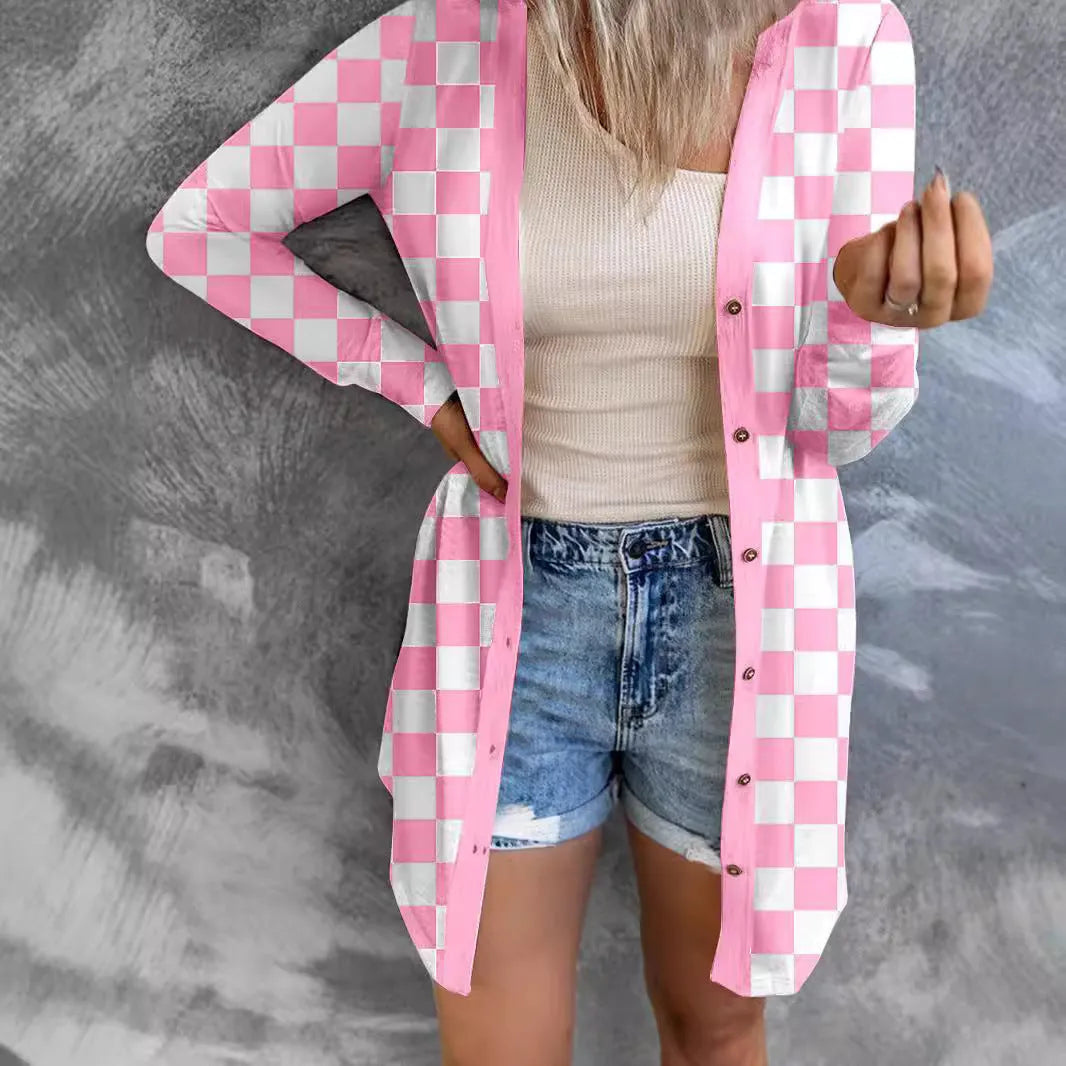 Women's long loose fit plaid cardigan coat in polyester, shown in available colours