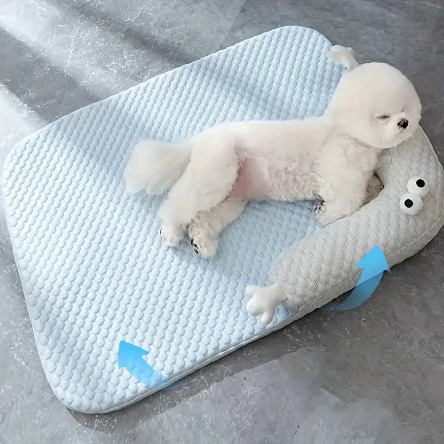 Blue big-eyed monster design pet bed for dogs and cats on a wooden floor.