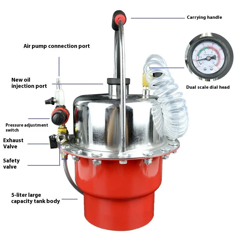 Pneumatic brake fluid replacement machine with pressure gauge, regulator, and transparent drain hose on a 49x30x42cm unit.