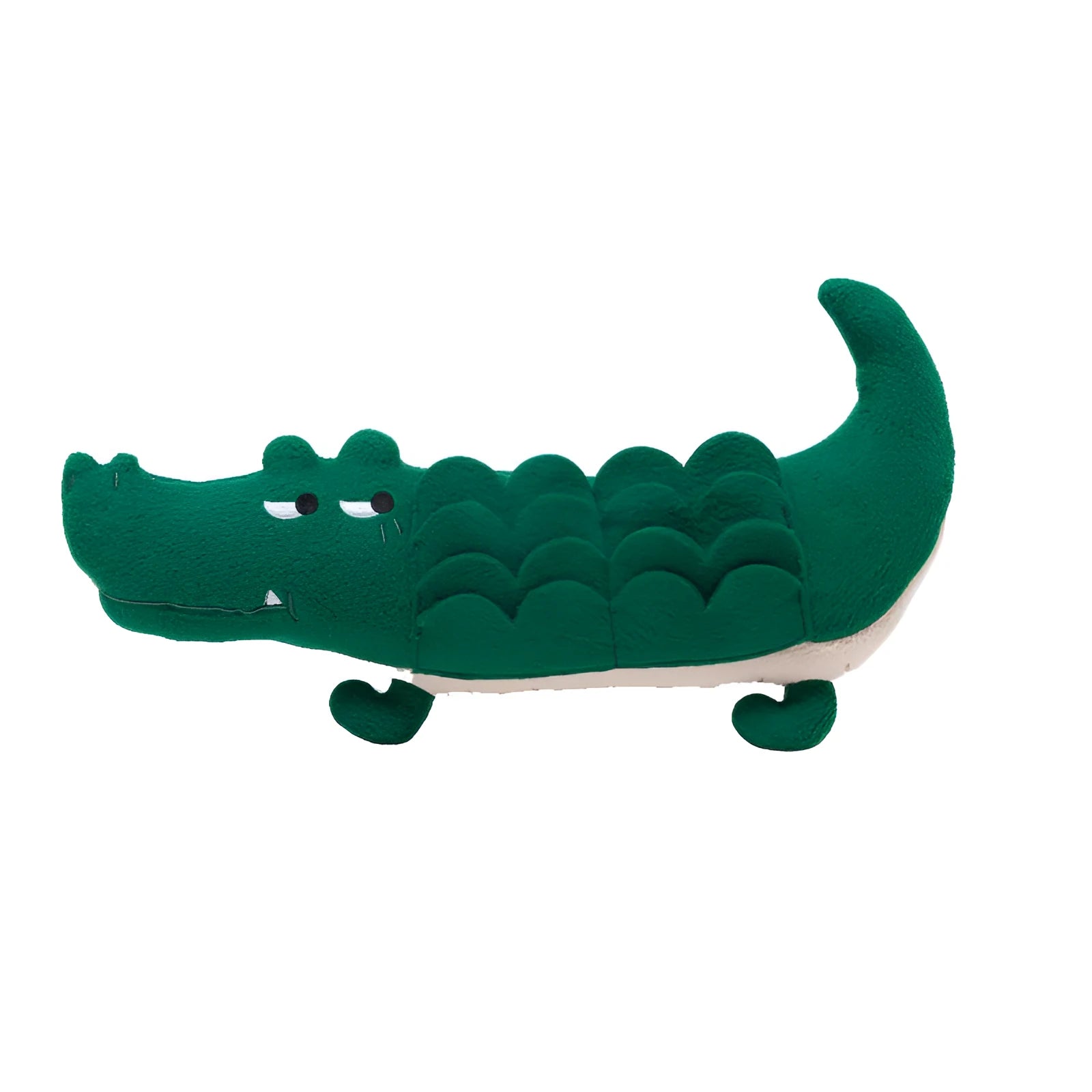 Green plush toy dog with interactive features, showing 35cm length.