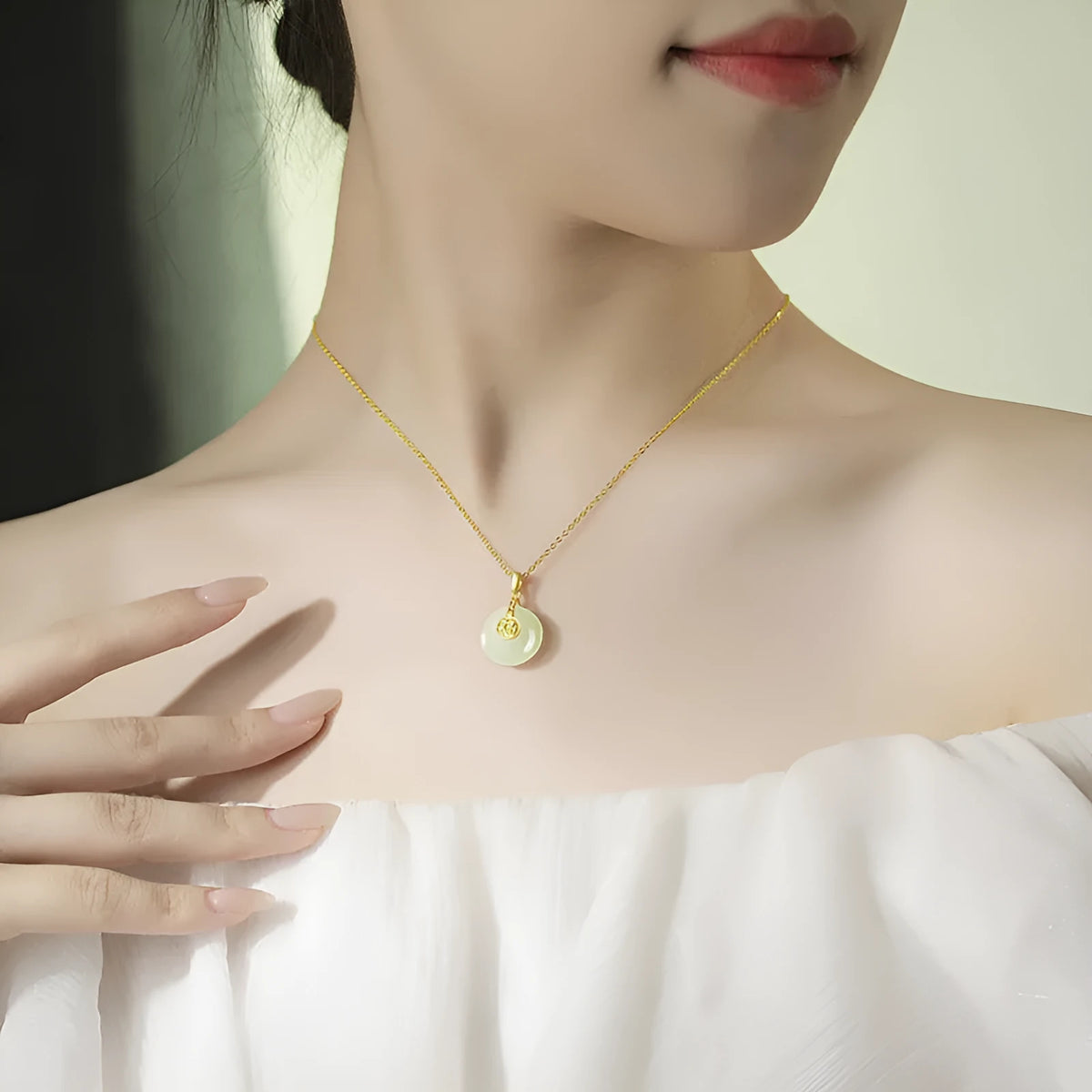 Hetian jade Nafu peace button necklace with 925 sterling silver O-chain and 18K gold plated collarbone chain
