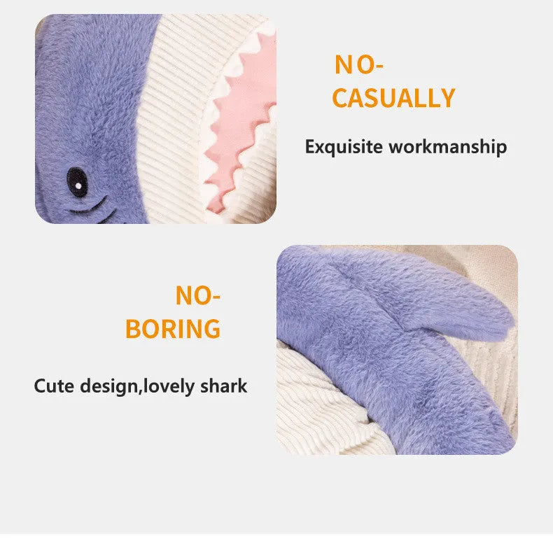Blue shark pattern pet bed cushion on floor with velvet fabric and non-slip bottom