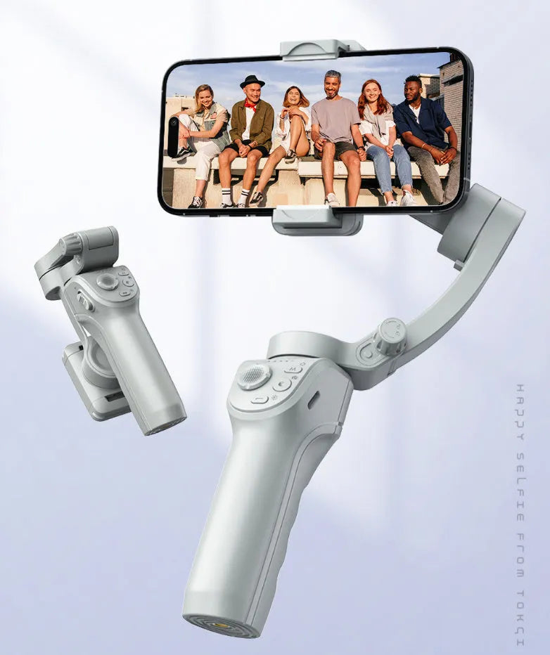 Hand-held three-axis anti-shake stabilizer with AI face tracking and fill light in gray ABS construction
