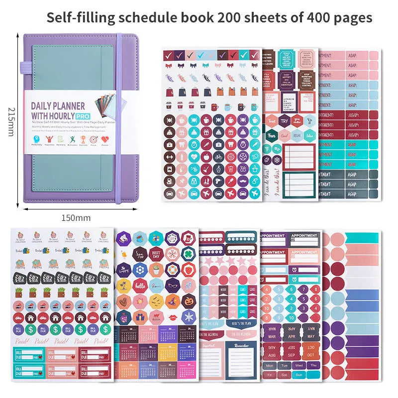 PU leather undated notebook with strap in purple, open to show pages and planning stickers.