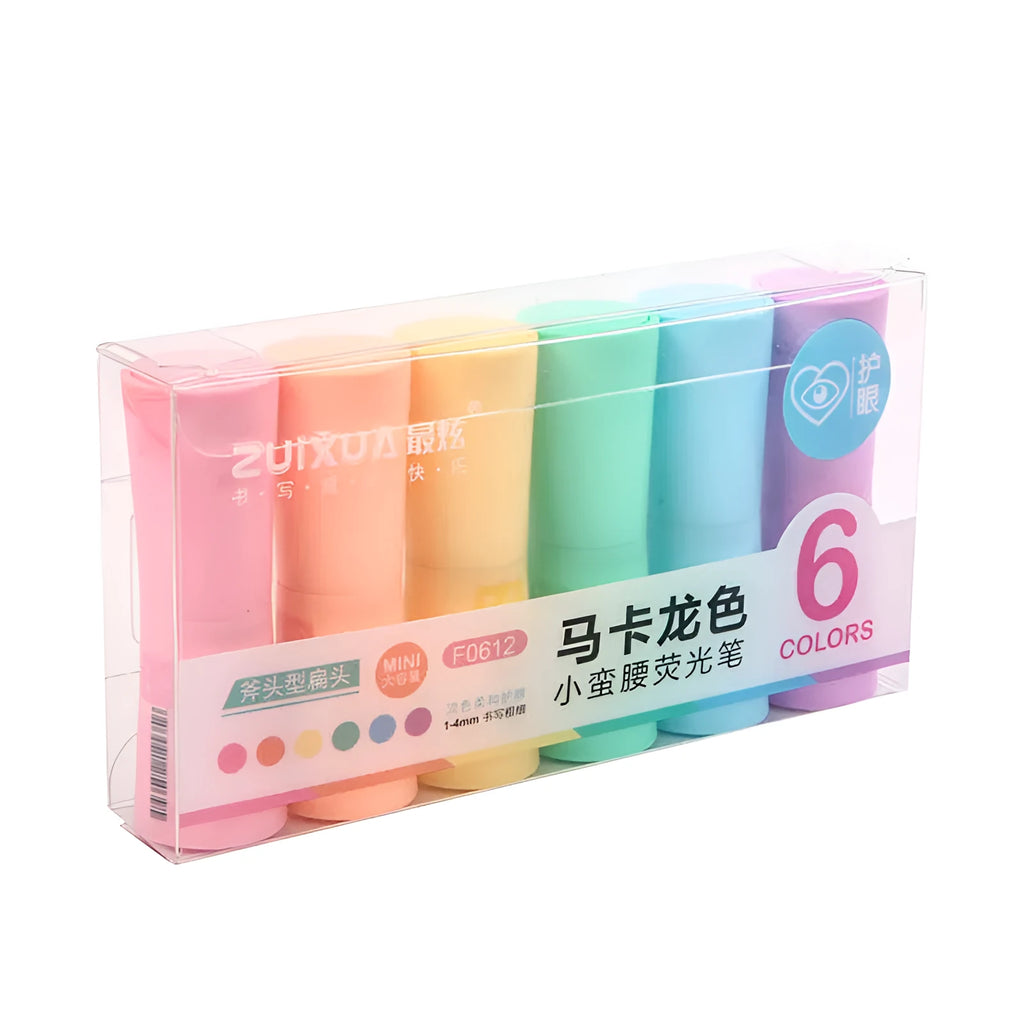 Set of six large capacity macaron colour marker pens with pastel tones in plastic shell bagged packaging