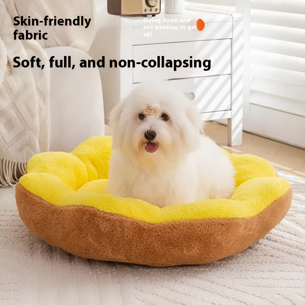 Washable round cat bed with removable plush cover in brown gray colour.