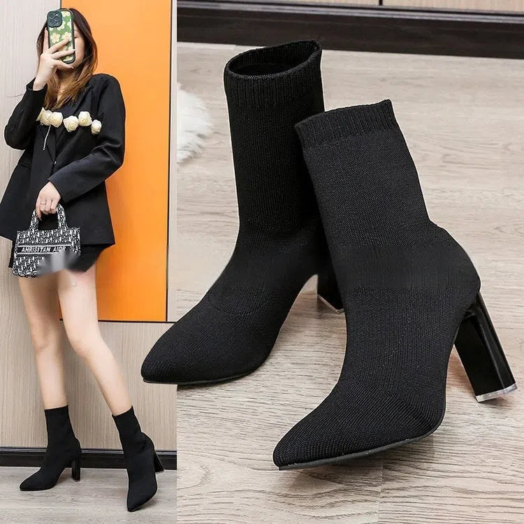 Women's chunky heel knitted suede ankle boots with pointed toe in solid colour slip-on design for autumn winter
