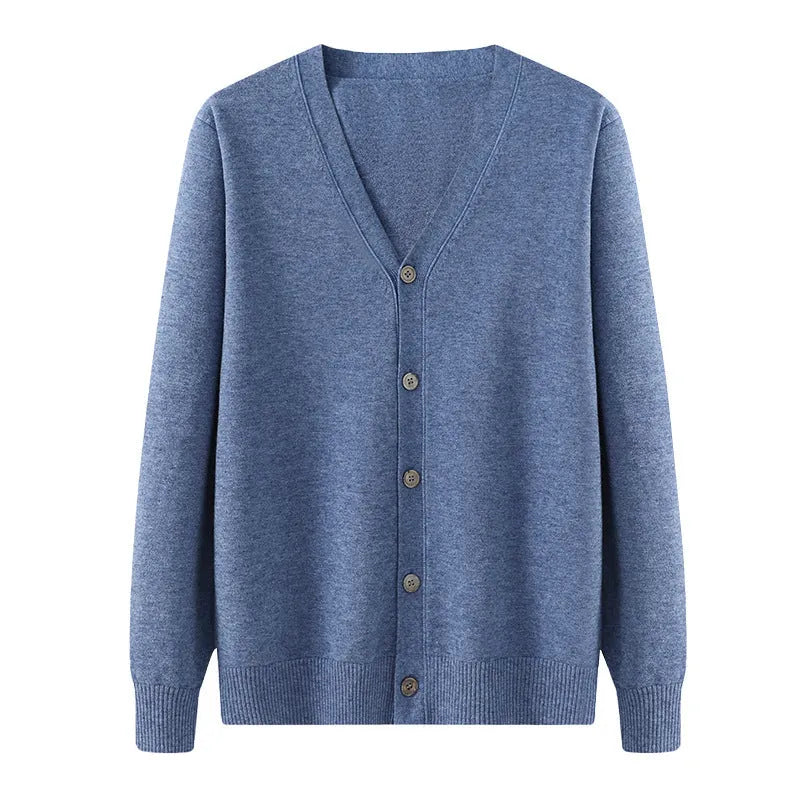 Man wearing Andy Velvet cardigan coat in dark blue colour with V-neck and long sleeves