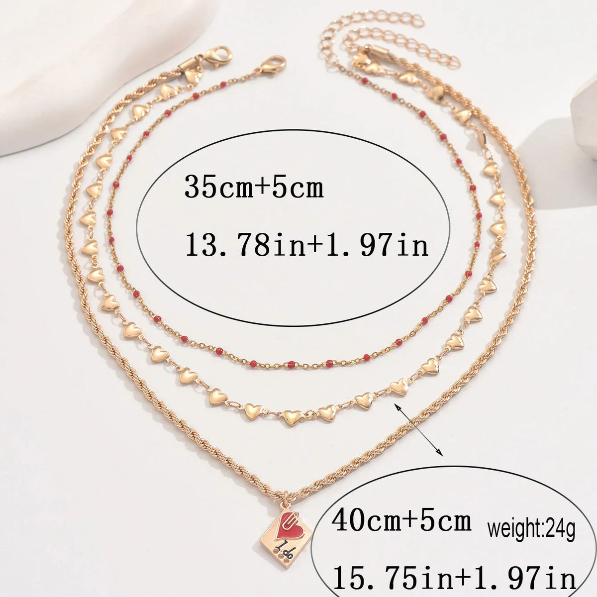 Women's triple-layer geometric heart necklace on clavicle chain with adjustable 41-50cm length