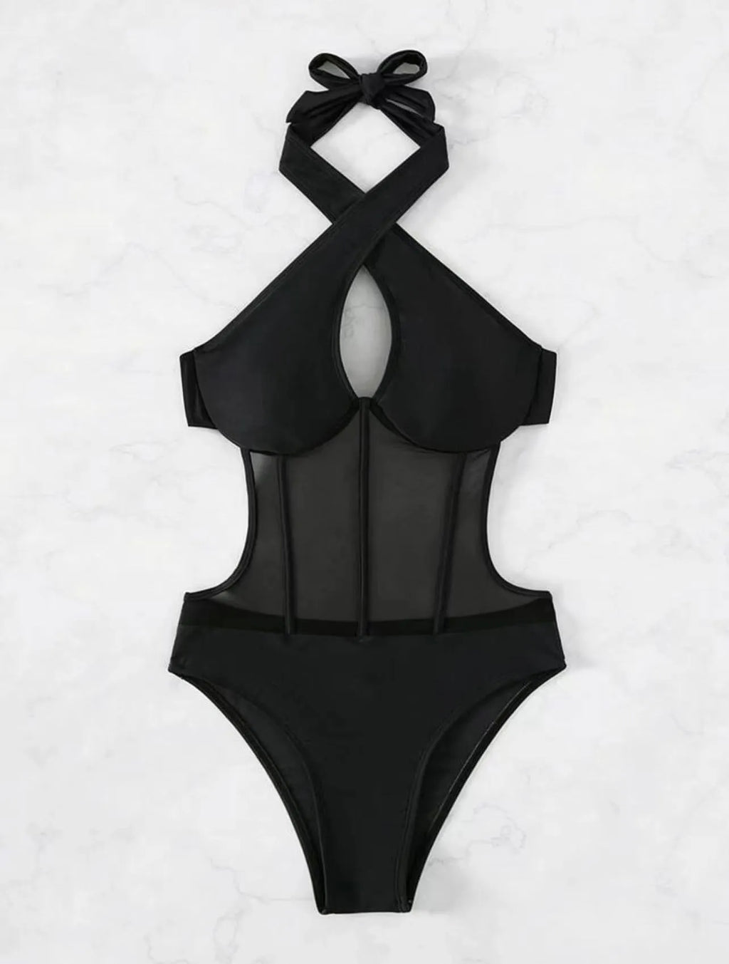 A woman's one-piece bikini swimsuit on a hanger, shown in black, rose red, and green colour options.