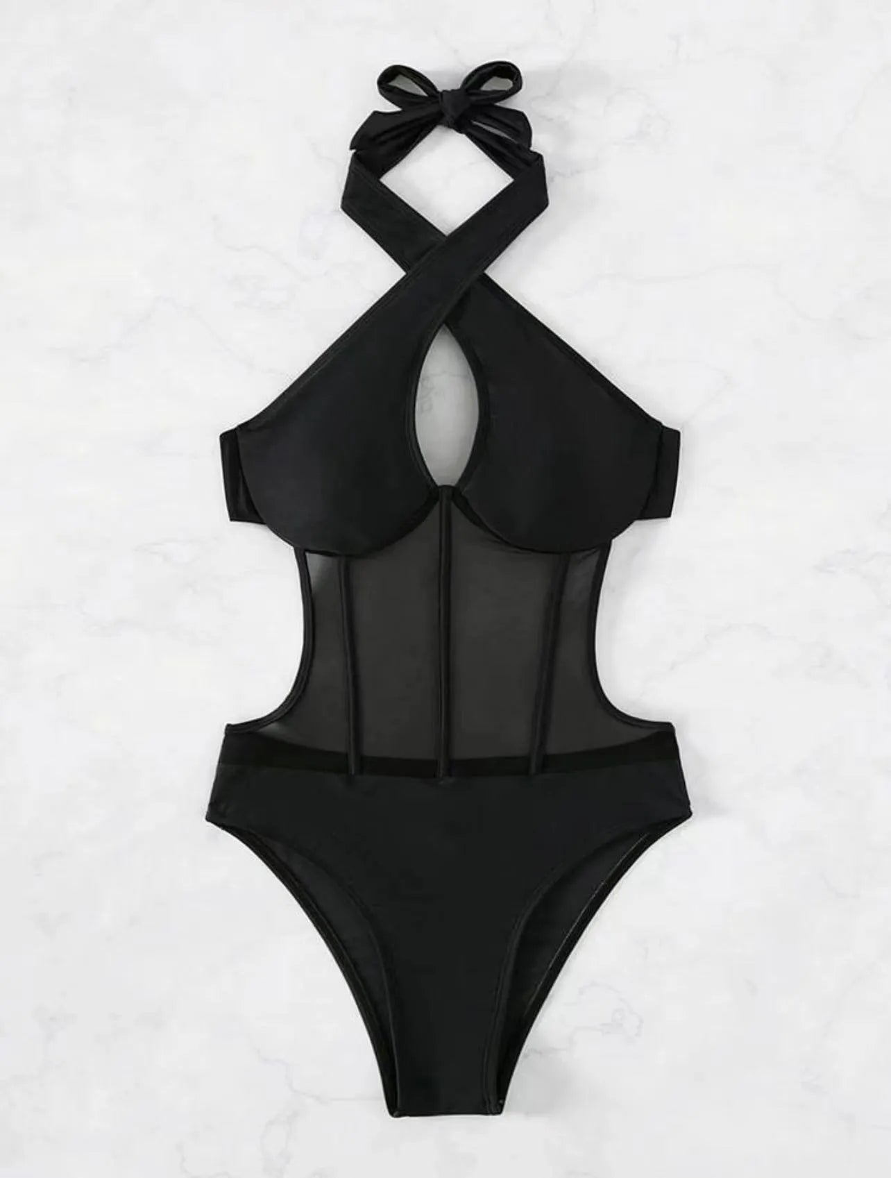 A woman's one-piece bikini swimsuit on a hanger, shown in black, rose red, and green colour options.