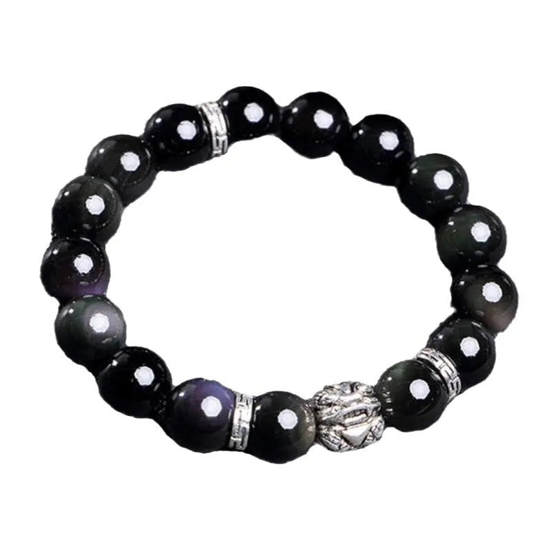 Natural obsidian bracelet with 999 silver cloud charms in male 12mm and female 10mm sizing options