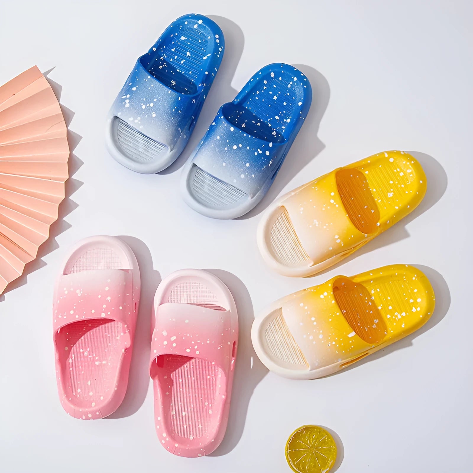 Children's gradient colour PVC summer slippers shown in blue, with non-slip sole.