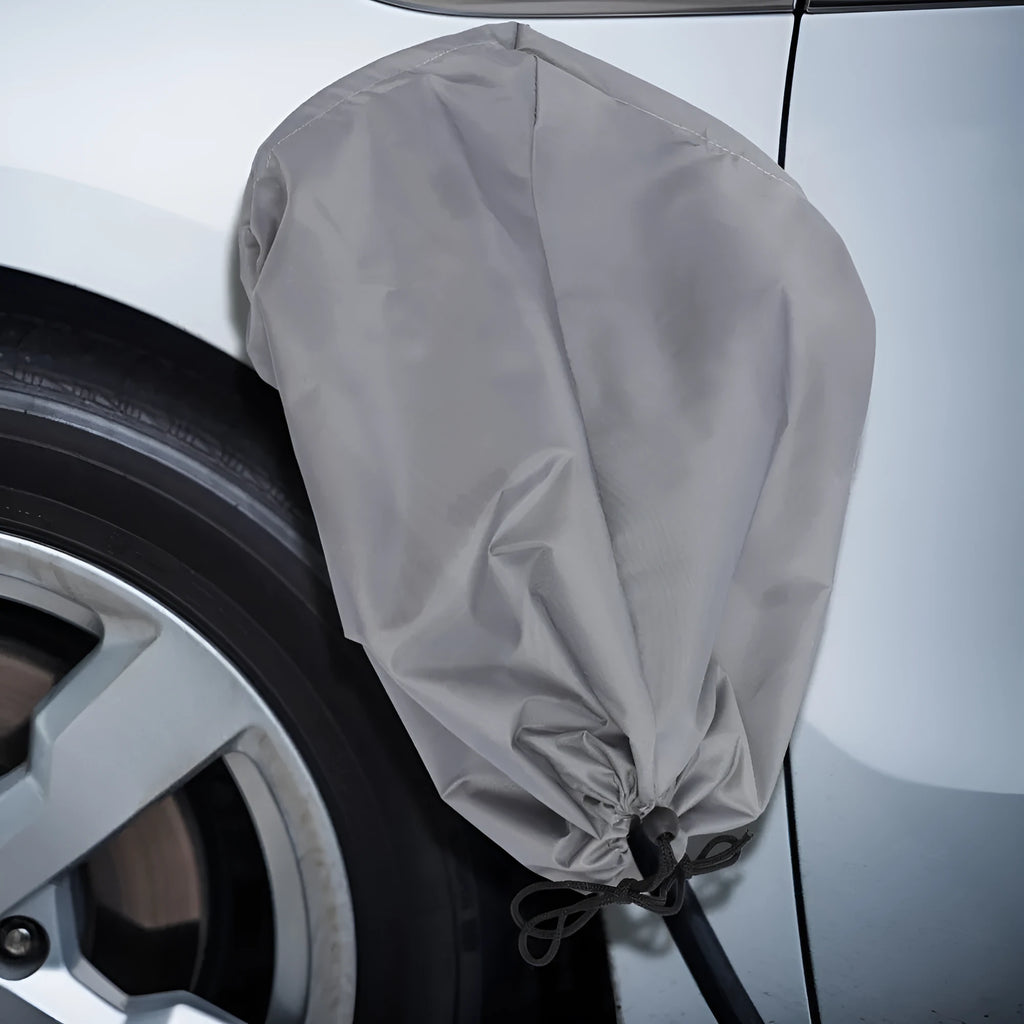 Waterproof drawstring cover for electric vehicle charging ports in grey colour