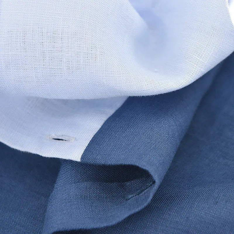 Men's white linen patchwork short sleeve shirt with square collar and loose cardigan-style fit, sizes M to 3XL.