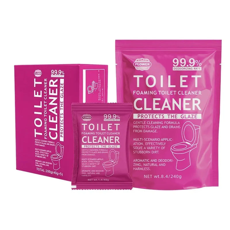 Toilet bubble descaling powder in blue ocean or pink floral fragrance, available in 240g bag or 5x40g sachet box