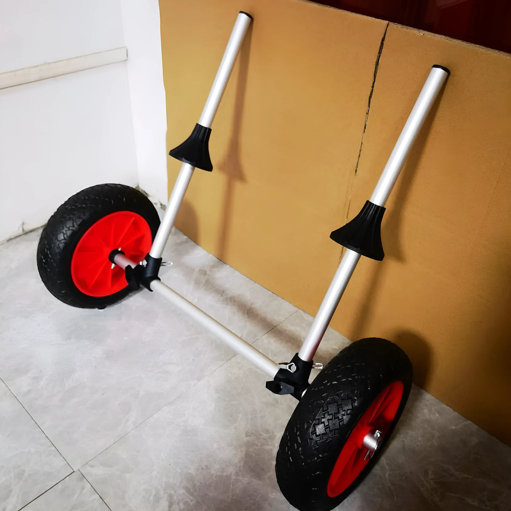 Foldable kayak trailer with aluminium frame and upright platform for transporting open kayaks