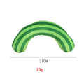 Cat toy set showing noise-making toy with catnip strip and striped pattern cat pillow in green, rainbow, or yellow