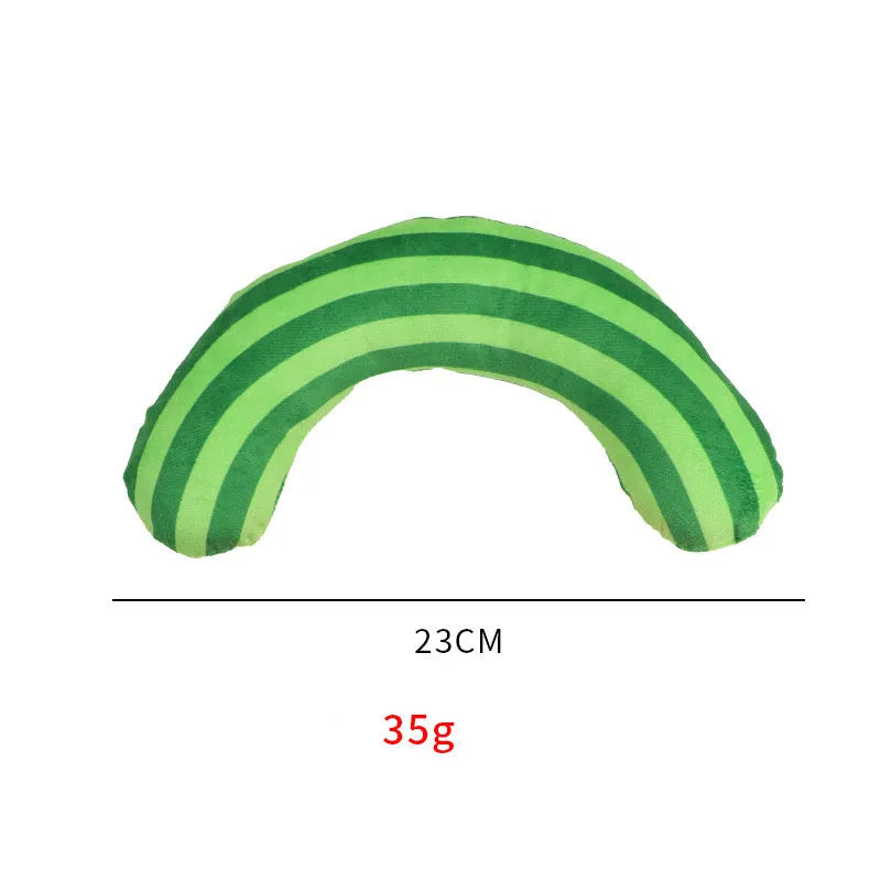 Cat toy set showing noise-making toy with catnip strip and striped pattern cat pillow in green, rainbow, or yellow