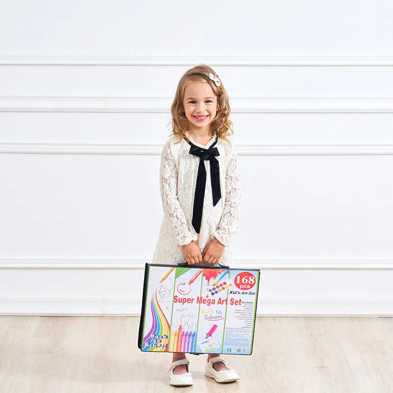 168-piece children's painting set with watercolour pens and oil pastels in a black plastic storage case