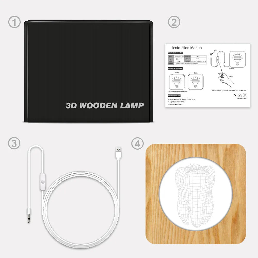 Wood-coloured acrylic night lamp in shape of a tooth, with USB cable.