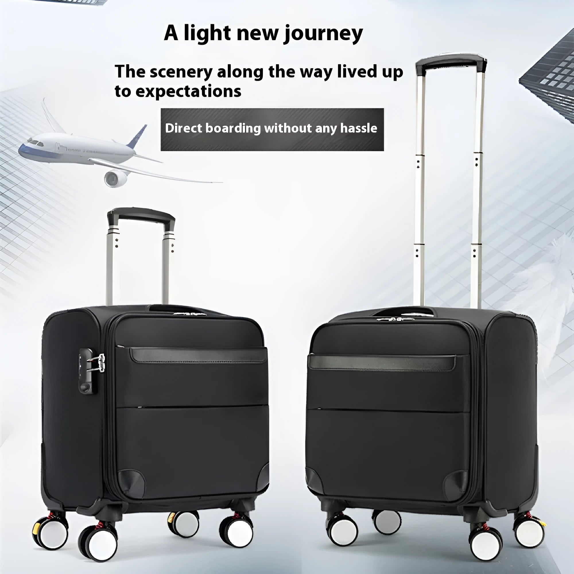 Black 18-inch Oxford cloth carry-on suitcase with universal wheels and retractable handle
