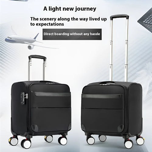 Black 18-inch Oxford cloth carry-on suitcase with universal wheels and retractable handle