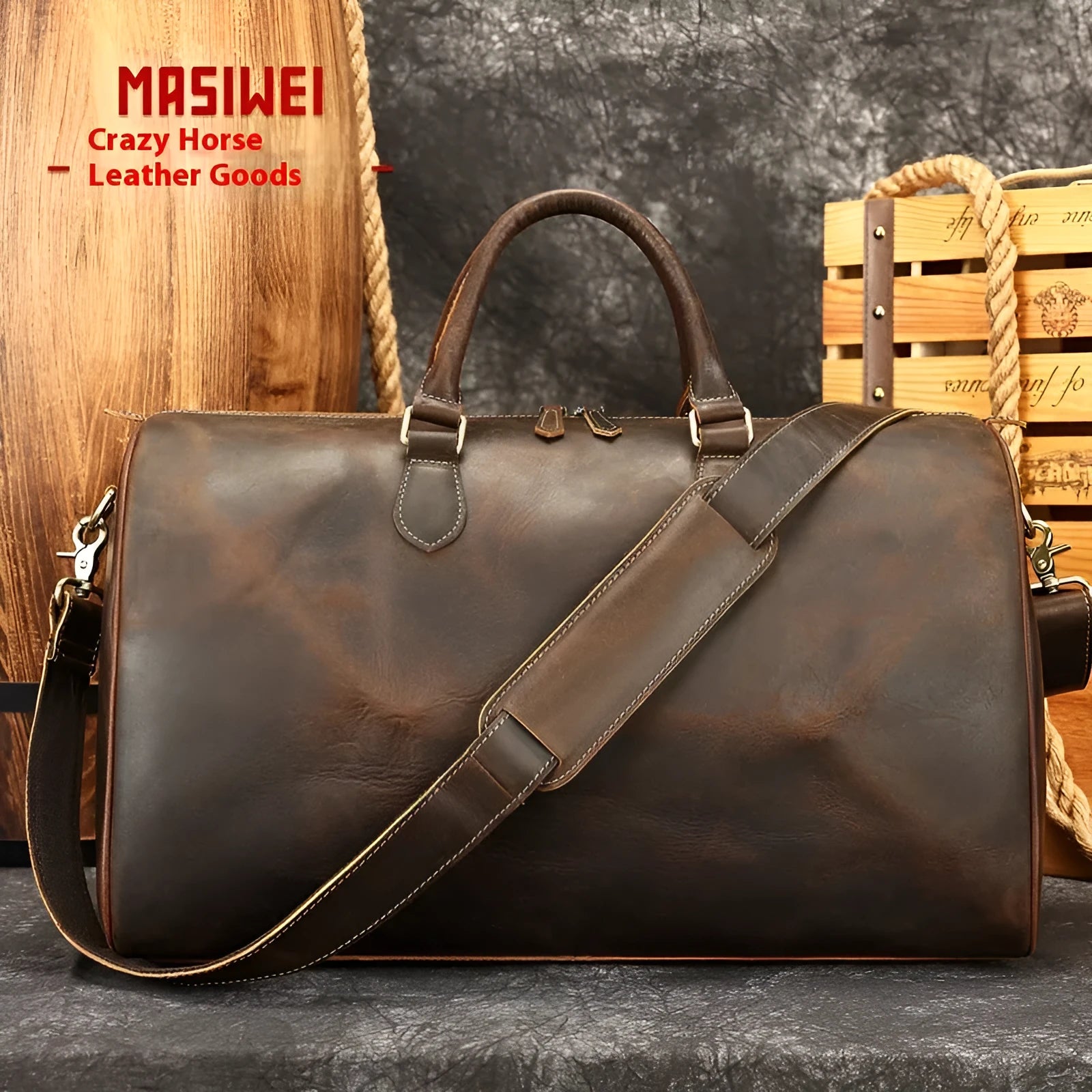 Genuine leather vintage-style crossbody bag for men in brown colour showing large capacity.