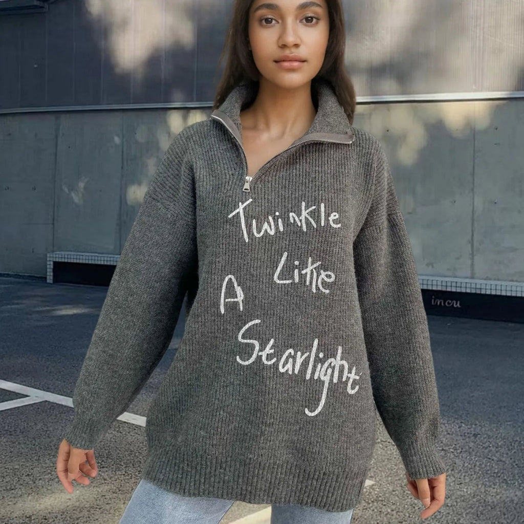 Women's light khaki alpaca wool sweater with oblique zip, turtleneck, and loose lapels