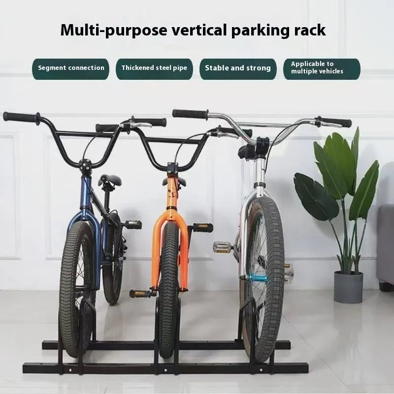 Black metal split card bicycle parking rack with four positions for bike storage