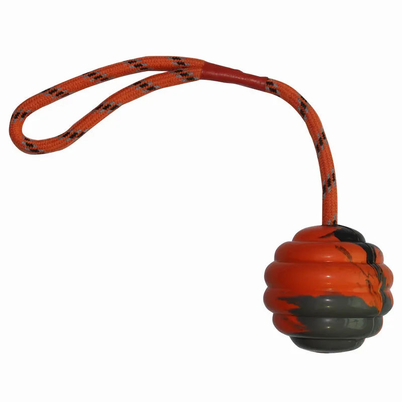 Multi-colour rubber pet toy ball with knotted rope design for dogs and cats