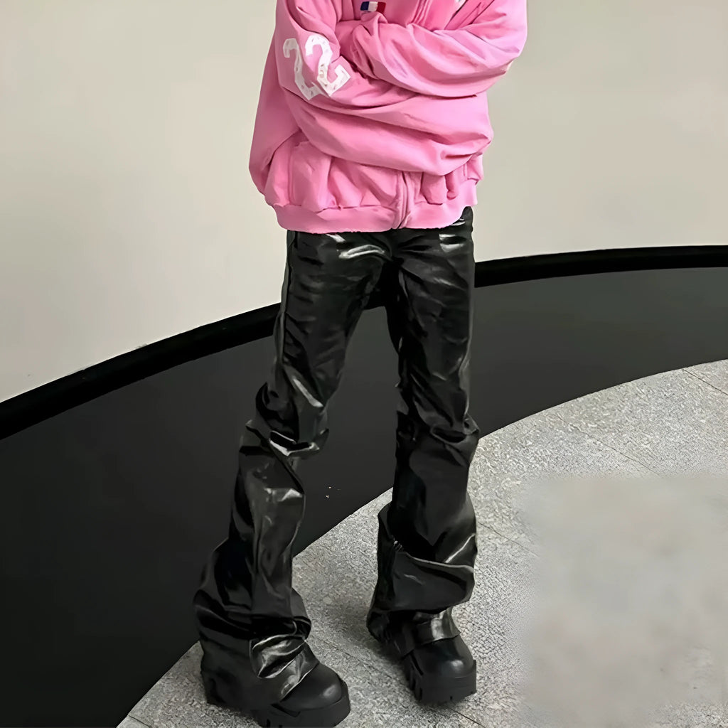 Black patent leather coated straight-leg jeans on size chart showing M L XL XXL options
