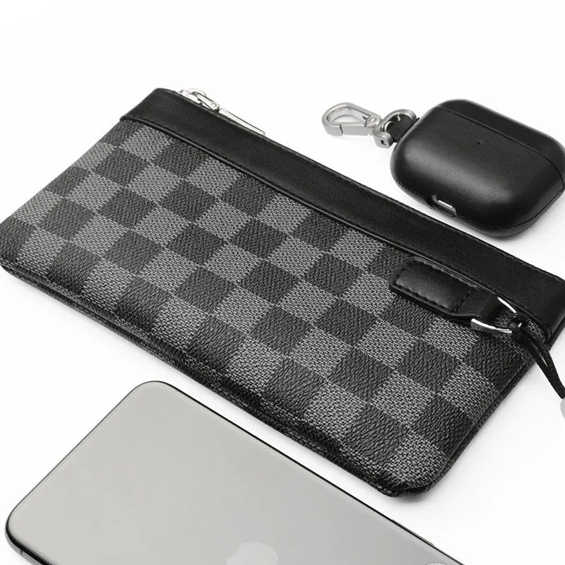 Men's black leather plaid clutch wallet made from genuine cowhide leather