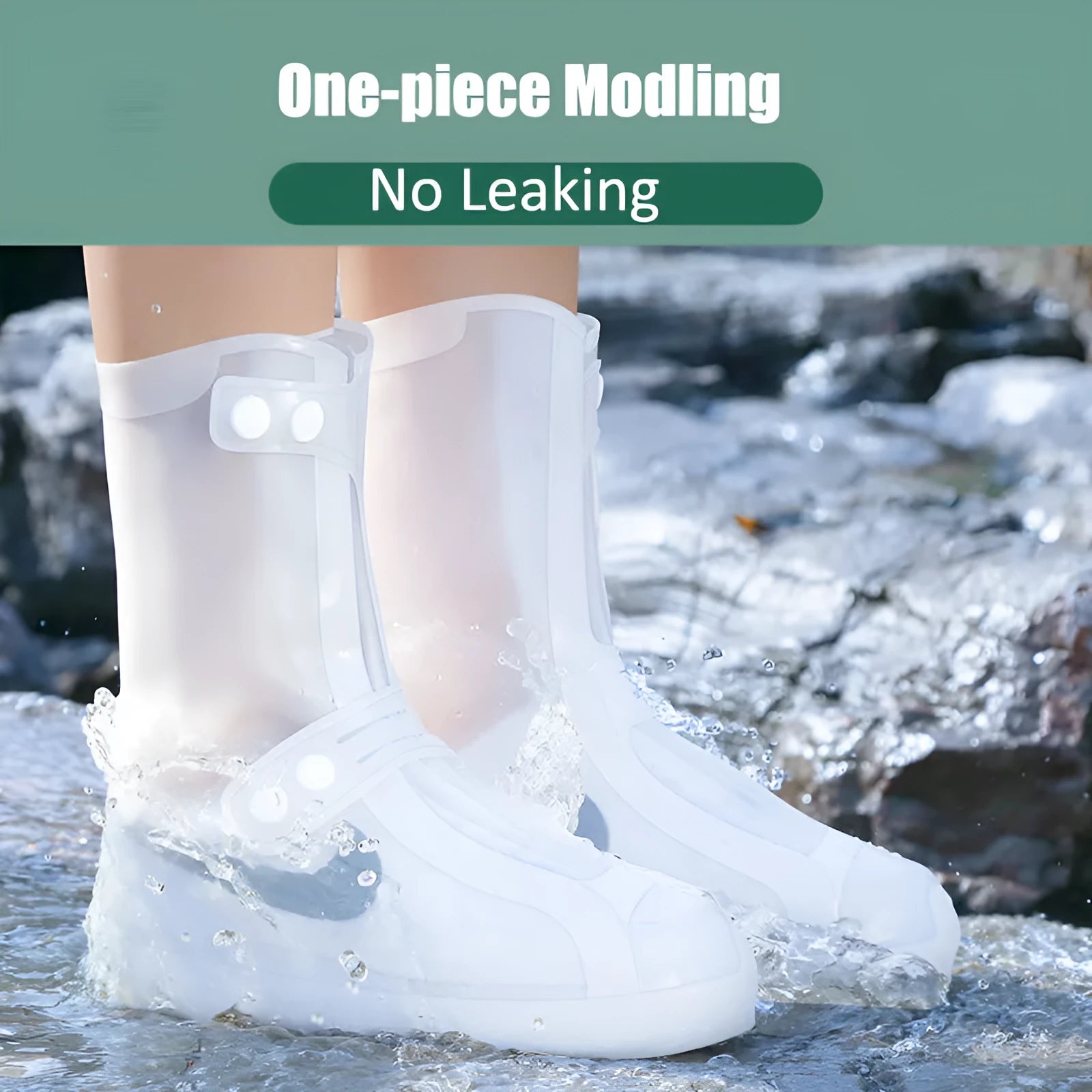 White PVC women's waterproof shoe covers high top design with reusable construction for rain protection
