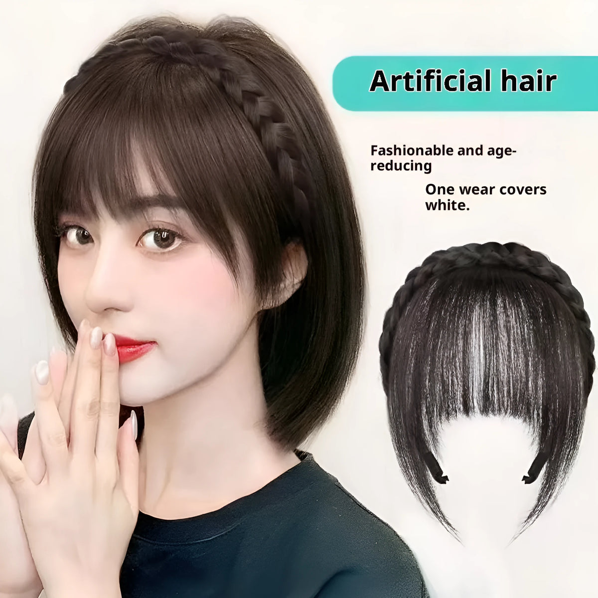 Bangs wig for women artificial twist braid high temperature fibre integrated hair band natural black with sideburns