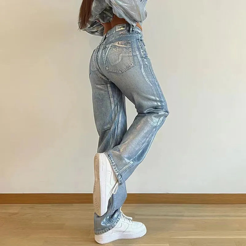 High waisted straight leg jeans in blue, silver or black with contrast colour street hipster style