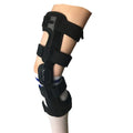 Black knee support brace with visible side splints, shown in left and right leg variants.