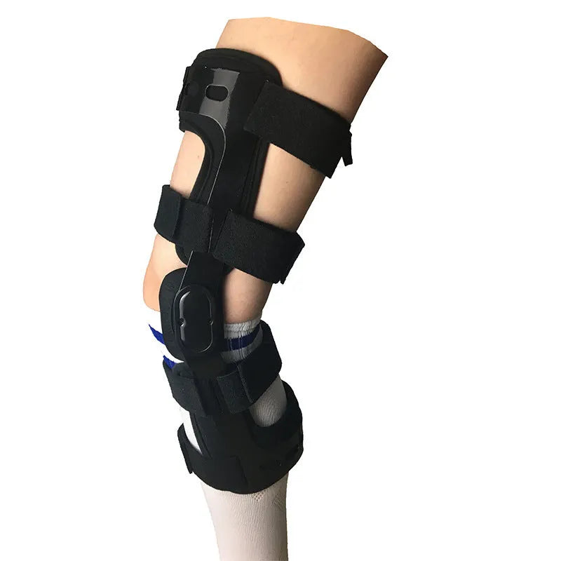 Black knee support brace with visible side splints, shown in left and right leg variants.