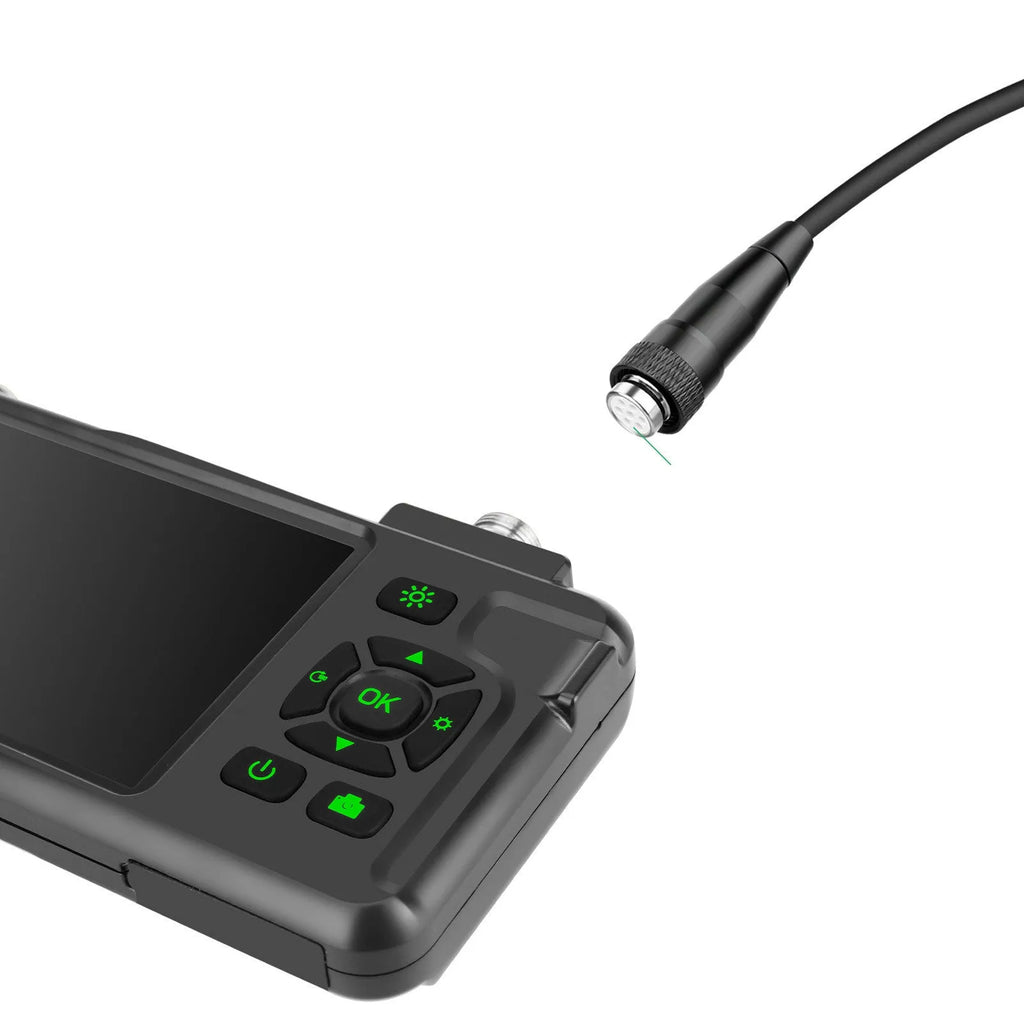 Handheld industrial endoscope with 4.5-inch screen showing automotive inspection on 5.5mm probe