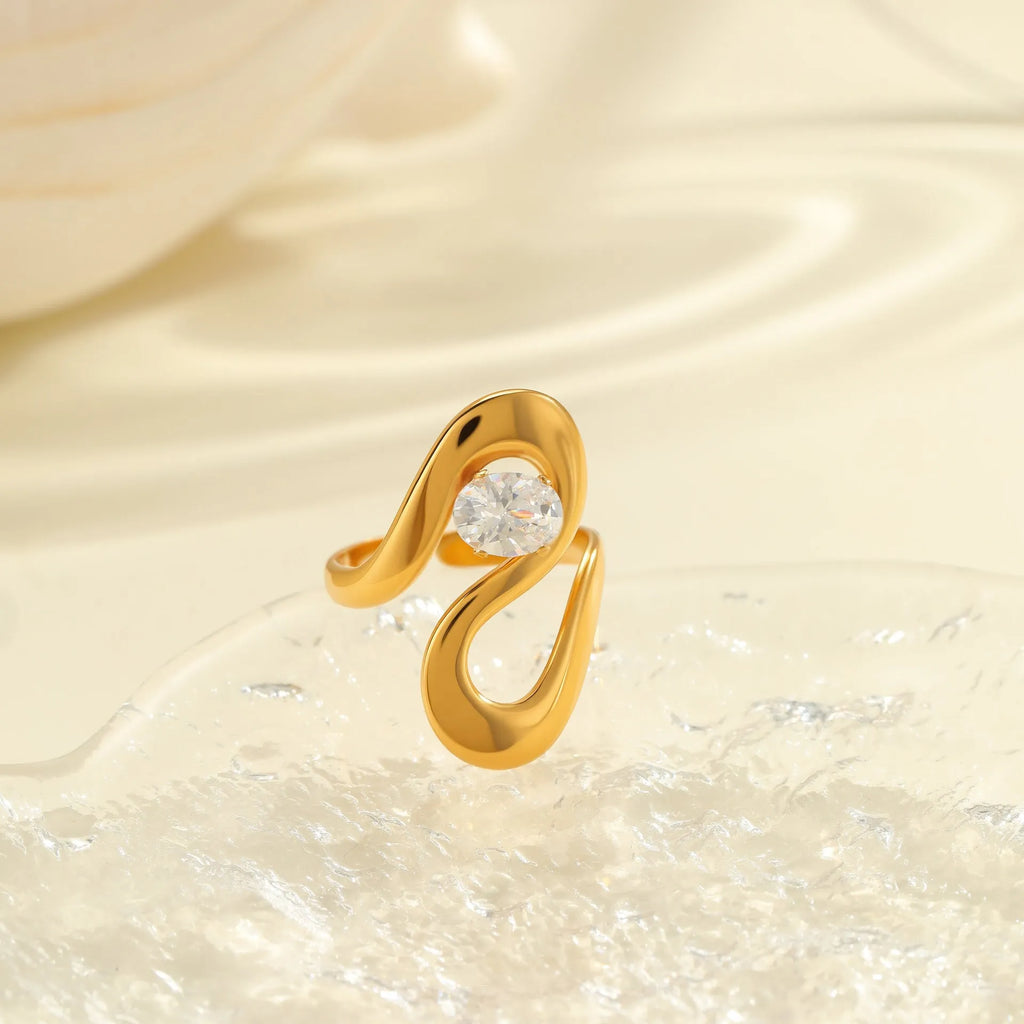 Women's adjustable geometric zircon ring in stainless steel with open mouth design