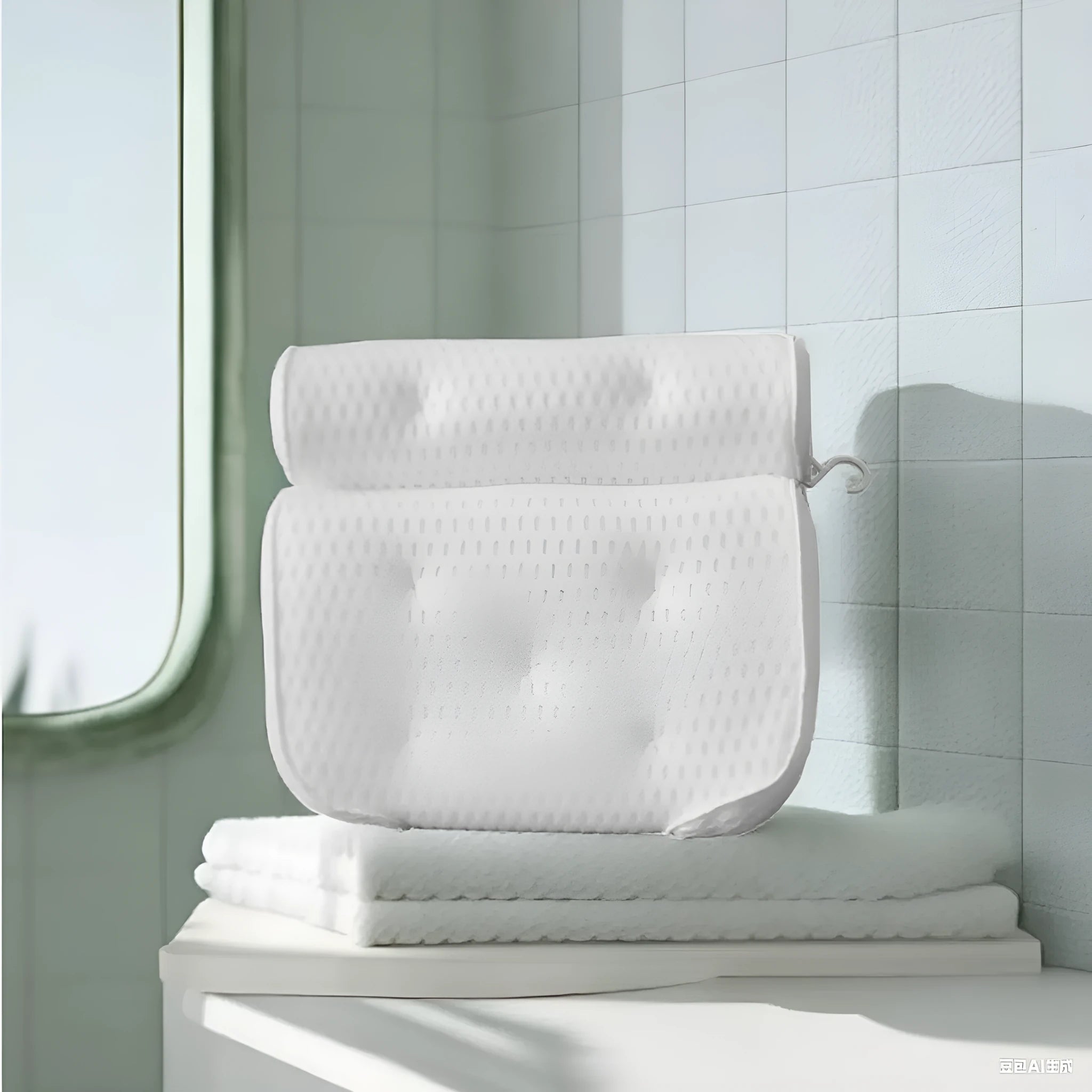 White 4D mesh bathtub pillow with suction cups on a bathtub.