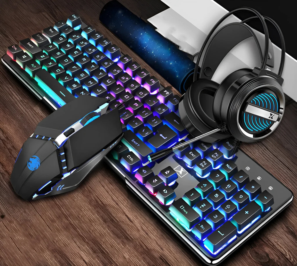 Black three-piece Steampunk Manipulator wired gaming keyboard, mouse and headset set on a desk