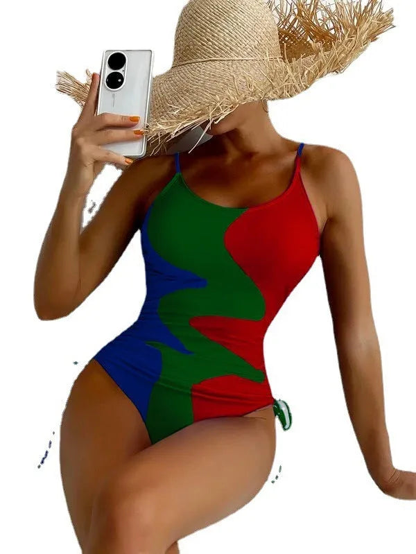 Women's sleeveless one-piece swimsuit with fixed swimming trunks in blue colour