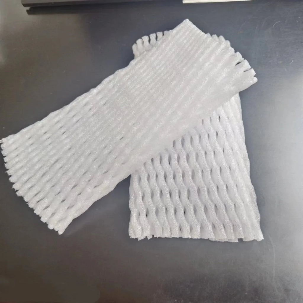 White foam net protective sleeve for apples and oranges, shown in various sizes.