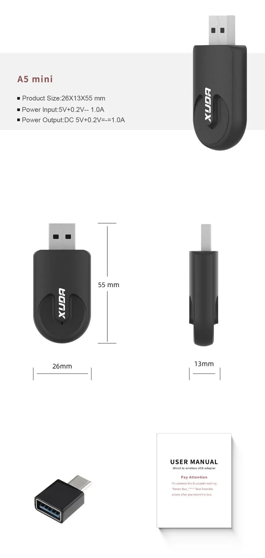 Black mini CarPlay USB interface adapter showing compact dimensions for vehicle installation