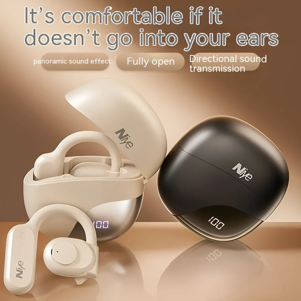 Bone conduction wireless ear clip headphones in black with ear hook design and digital display