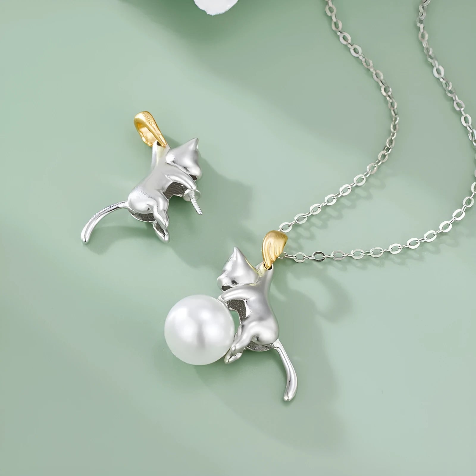 925 sterling silver clavicle chain necklace with cat pendant and pearl bead options