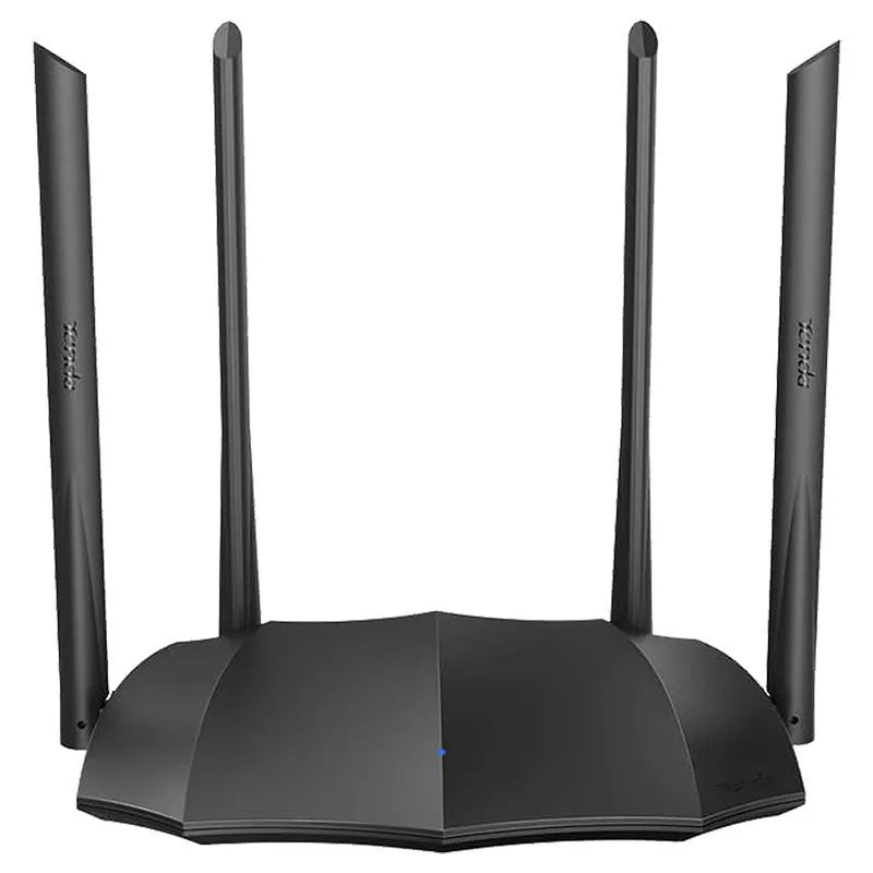 Black AC8 gigabit dual-band wireless router showing three Ethernet ports on back panel